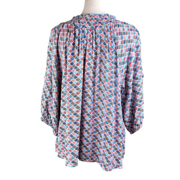 Ivy Jane NWT M/L Orange Blue Mermaid Fish Scale Tassel Neck Relaxed Boho Top - Picture 3 of 11